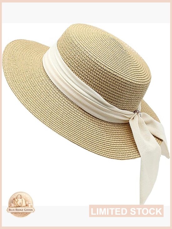 Wide Brim Straw Beach Hat Bow Ribbon Boater Flat Top Summer Sun Hat Adjustable main image 7